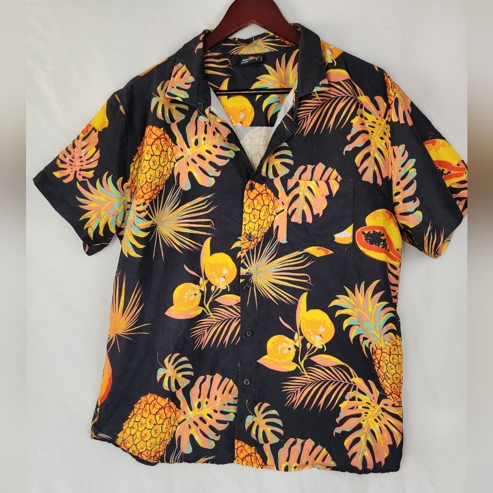South Pole Boys Large Black and Yellow Tropical Fruit Button Down Hawaiian Shirt